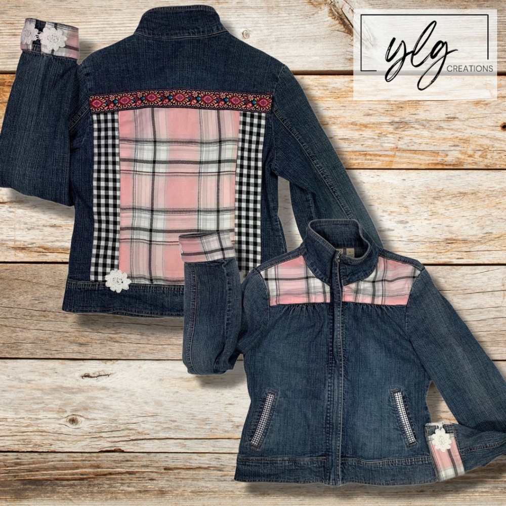 Country Boho Denim Jacket Feminine Woodsy Cozy Flannel Plaid Cottagecore Girlie